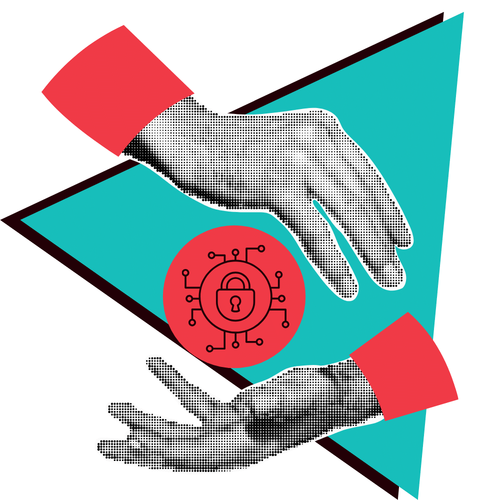 Image showing our Development Services. Two hands with red sleeves holding a circle with a lock with a teal triangle background