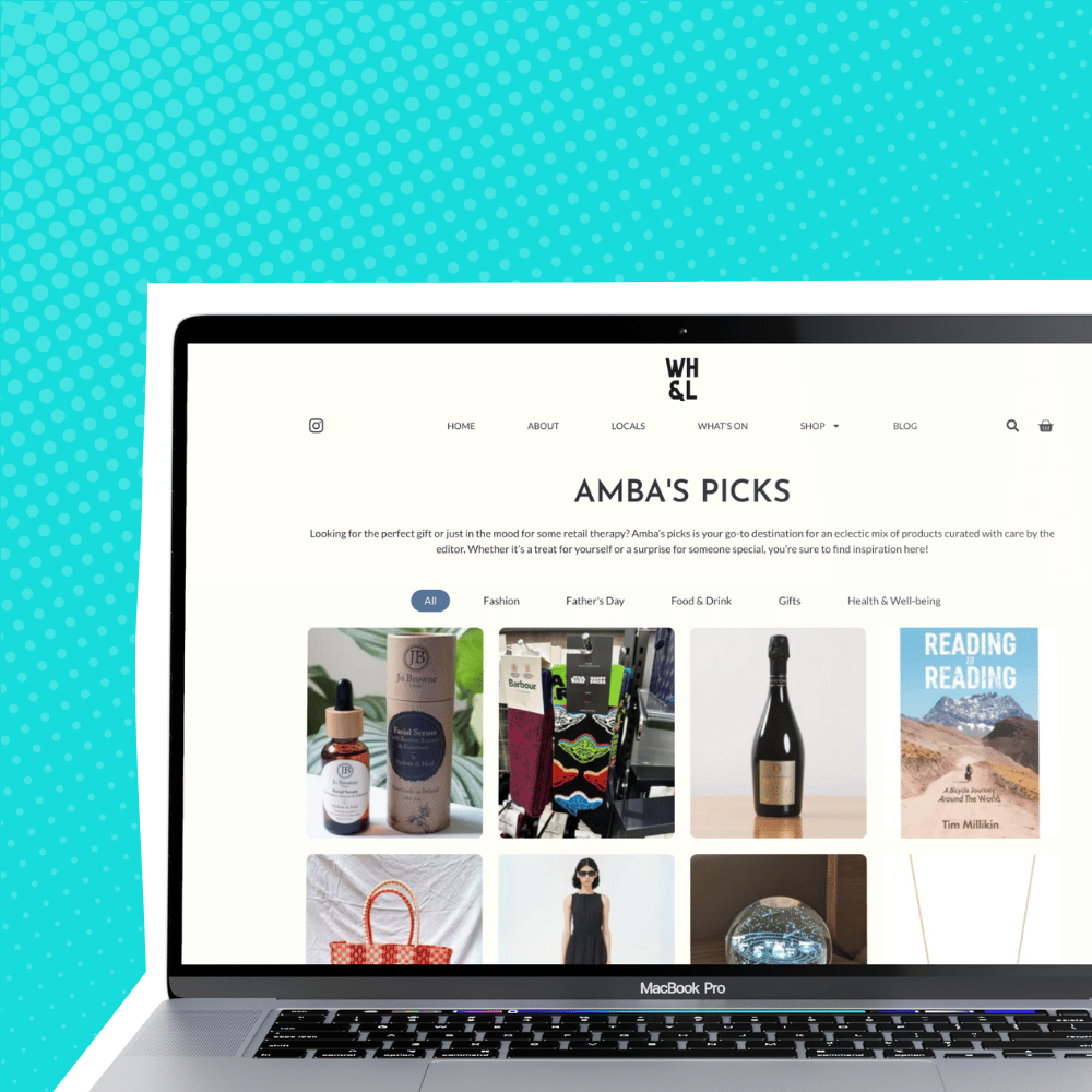 Winchmorehill & Local Amba's picks page showing a range of products such as socks, bottle of wine, a book, a bag, a dress and a necklace.