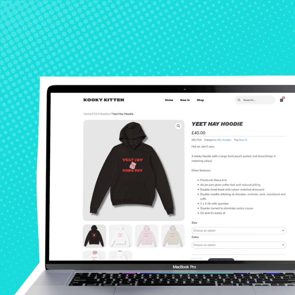 Kooky Kitten shop page on website featuring a black yeet hay hoodie