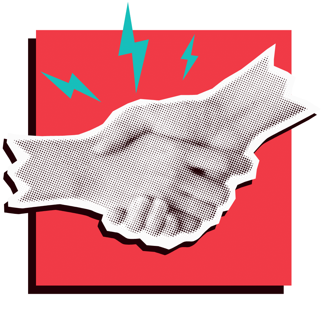 Handshake cutout with a red square background and lightning bolts